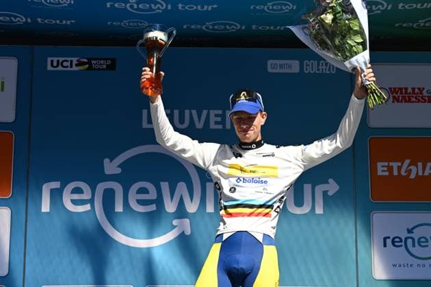 Belgian Siebe Deweirdt of Team Flanders Baloise celebrates on the podium of the fifth and last stage of the Renewi Tour multi-stage cycling race, 185km from and to Leuven on Sunday 24 August 2025. The five-day race takes place in Belgium and the Netherlands. DAVIDxPINTENS  x132184216x