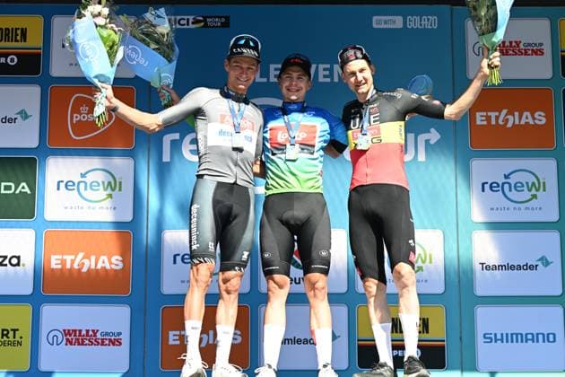 Dutch Mathieu van der Poel of Alpecin-Deceuninck, Belgian Arnaud De Lie of Lotto Cycling Team and Belgian Tim Wellens of UAE Team Emirates form the podium of the general ranking after the fifth and last stage of the Renewi Tour multi-stage cycling race, 185km from and to Leuven on Sunday 24 August 2025. The five-day race takes place in Belgium and the Netherlands. DAVIDxPINTENS  x132184260x