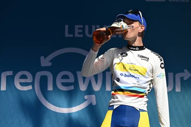Belgian Siebe Deweirdt of Team Flanders Baloise celebrates on the podium of the fifth and last stage of the Renewi Tour multi-stage cycling race, 185km from and to Leuven on Sunday 24 August 2025. The five-day race takes place in Belgium and the Netherlands. DAVIDxPINTENS  x132184338x