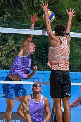 From left Matyas Jezek, Adam Waber, both of Czech Republic and Luc Fruckiger of Switzerland in action during the Brno Beach Pro, Beach volleyball, Beachvolleyball tournament of Futures category in Brno, Czech Republic, August 24, 2025. (CTKxPhoto VaclavxSalek) CTKPhotoP2025082403035  CTKPhotoP2025082403035