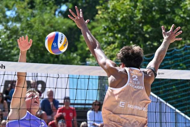 From left Matyas Jezek of Czech Republic and Luc Fruckiger of Switzerland in action during the Brno Beach Pro, Beach volleyball, Beachvolleyball tournament of Futures category in Brno, Czech Republic, August 24, 2025. (CTKxPhoto VaclavxSalek) CTKPhotoP2025082403059  CTKPhotoP2025082403059