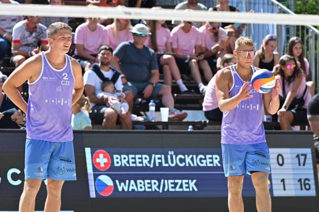 From left Matyas Jezek, Adam Waber, both of Czech Republic in action during the Brno Beach Pro, Beach volleyball, Beachvolleyball tournament of Futures category in Brno, Czech Republic, August 24, 2025. (CTKxPhoto VaclavxSalek) CTKPhotoP2025082403065  CTKPhotoP2025082403065