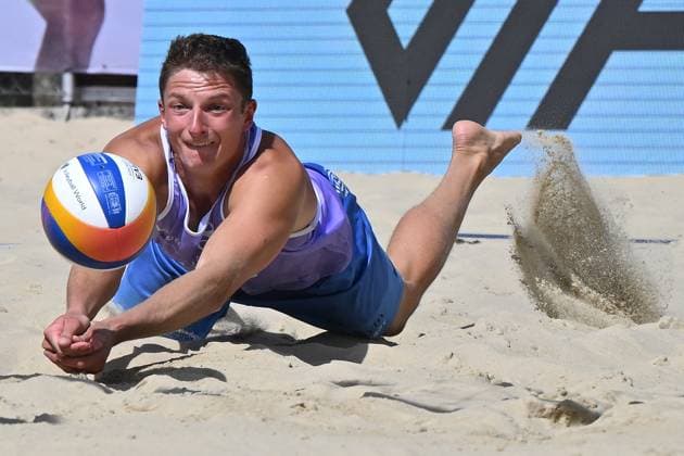 Matyas Jezek of Czech Republic in action during the Brno Beach Pro, Beach volleyball, Beachvolleyball tournament of Futures category in Brno, Czech Republic, August 24, 2025. (CTKxPhoto VaclavxSalek) CTKPhotoP2025082403076  CTKPhotoP2025082403076
