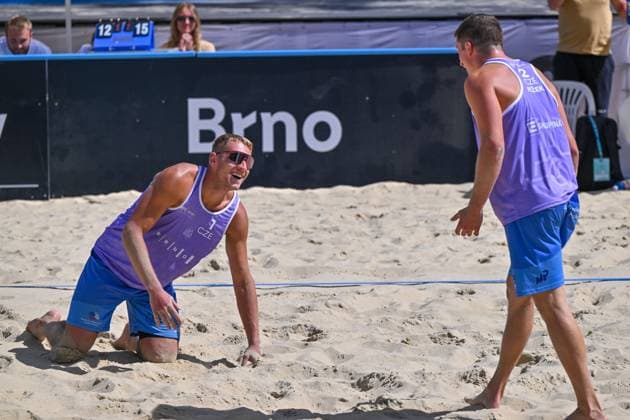 From left Adam Waber, Matyas Jezek both of Czech Republic in action during the Brno Beach Pro, Beach volleyball, Beachvolleyball tournament of Futures category in Brno, Czech Republic, August 24, 2025. (CTKxPhoto VaclavxSalek) CTKPhotoP2025082403082  CTKPhotoP2025082403082
