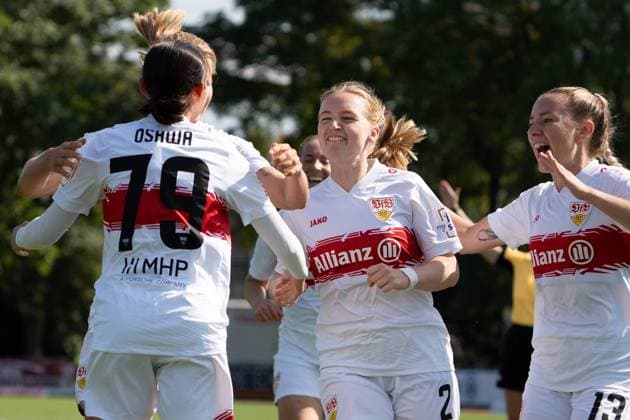 Haruka Osawa VFB Stuttgart Women, 79 celebrates after her goal with Linette Hofmann VFB Stuttgart Women, 02 and Leonie Kopp VFB Stuttgart Women, 13 , GER, VfB Stuttgart Women vs FC Bayern Muenchen Women II, Football, 2 Womens Bundesliga, Matchday 1, Season 2025 2026, 24 08 2025, GER, VfB Stuttgart Women vs FC Bayern Muenchen Women II, Football, 2 Womens Bundesliga, Matchday 1, Season 2025 2026, 24 08 2025, Stuttgart Copyright: xEibner-Pressefoto EdwardxCheungx EP_ECG