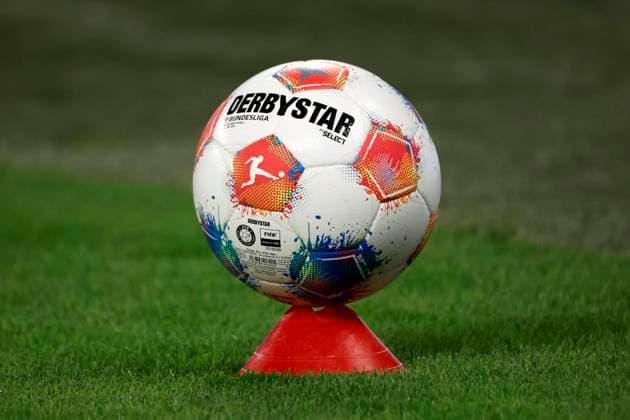 Gelsenkirchen , Germany, 2 Soccer Bundesliga season 2025 26 3 Matchday FC Schalke 04 VFL Bochum 2 1 on 19 04 2025 in the Veltins Arena at Schalke The match ball Brillant APS from the sporting goods company Derbystar is placed on a plastic cone on the edge of the pitch
