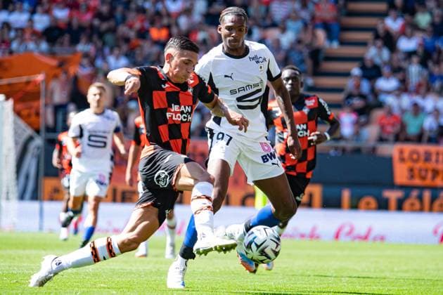 FOOTBALL : FC Lorient vs Stade Rennais - Ligue 1 - JournÃ e 2 - 24 08 2025 Panos Katseris (FC Lorient) Jeremy Jacquet (Stade Rennais) LorientFrance  Copyright: xBaptistexAutissierx