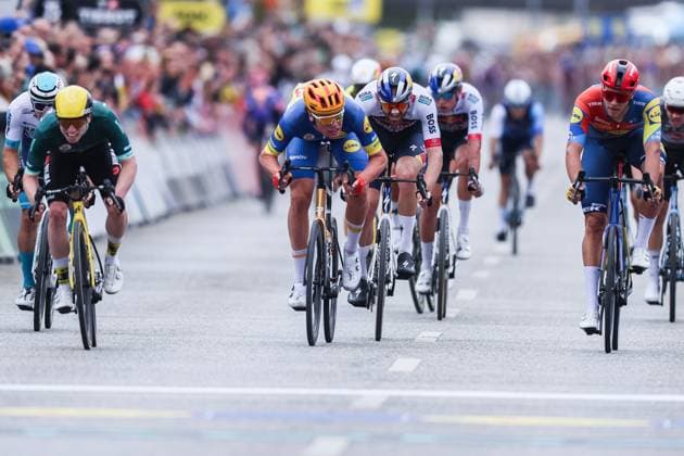 Cycling UCI ProSeries Men Elite LIDL Deutschland Tour 2025 Stage 4 Halle Magdeburg on 24 08 2025 James Matthew Brennan TEAM VISMA LEASE A BIKE , left Jonathan Milan LIDL Trek , center Soren Waerenskjold UNO X MOBILITY , right xJRx