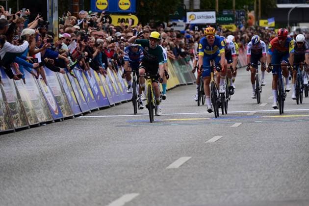 24 08 2025 xkhx Lidl Deutschland Tour 2025 Finish Magdeburg Day winner Matthew Brennan Team Visma Lease a Bike , runner-up and overall winner Sören Waerenskjold from Team Uno X Mobility