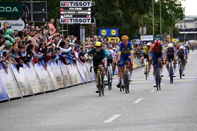 24 08 2025 xkhx Lidl Deutschland Tour 2025 Finish Magdeburg Day winner Matthew Brennan Team Visma Lease a Bike , runner-up and overall winner Sören Waerenskjold from Team Uno X Mobility