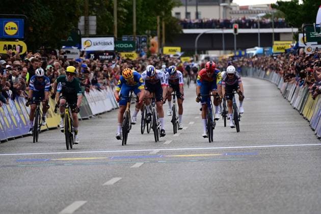 24 08 2025 xkhx Lidl Deutschland Tour 2025 Finish Magdeburg Day winner Matthew Brennan Team Visma Lease a Bike , runner-up and overall winner Sören Waerenskjold from Team Uno X Mobility