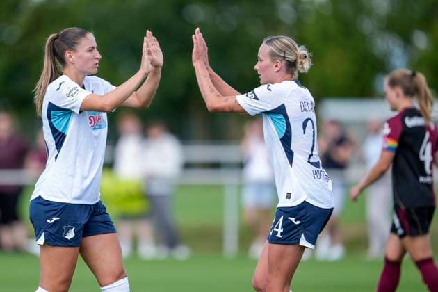 from left Melissa Kössler TSG, 25 , Feli Delacauw TSG, 24 , players of TSG 1899 Hoffenheim, celebrate the goal, celebrate the goal, goal, celebration, rejoicing, joy, rejoices, optimistic, positive, game scene, highlight, action, action, 24 08 2025, Sankt Leon Rot Germany , Soccer, Women, Test match, TSG 1899 Hoffenheim 1 FC Nürnberg, 24 08 2025, Sankt Leon Rot Germany , Soccer, Women, Test match, TSG 1899 Hoffenheim 1 FC Nürnberg, DFB DFL REGULATIONS PROHIBIT ANY USE OF PHOTOGRAPHS AS IMAGE SEQUENCES AND OR QUASI VIDEO xozx