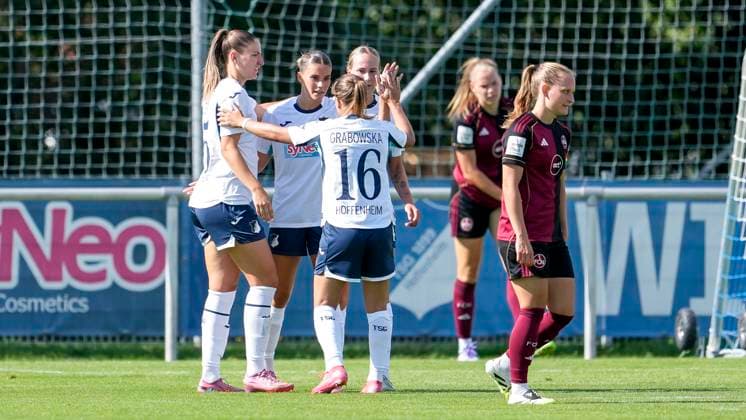 from left Melissa Kössler TSG, 25 , Selina Cerci TSG, 29 , Dominika Grabowska TSG, 16 , Feli Delacauw TSG, 24 , TSG 1899 Hoffenheim players, celebrate the goal to 3 0, cheer, goal celebration, celebrate the goal, goal, celebration, rejoicing, joy, rejoices, optimistic, positive, match scene, Highlight, Action, Action, 24 08 2025, Sankt Leon Rot Germany , Soccer, Women, Test match, TSG 1899 Hoffenheim 1 FC Nürnberg, 24 08 2025, Sankt Leon Rot Germany , Soccer, Women, Test match, TSG 1899 Hoffenheim 1 FC Nürnberg, DFB DFL REGULATIONS PROHIBIT ANY USE OF PHOTOGRAPHS AS IMAGE SEQUENCES AND OR QUASI VIDEO xozx
