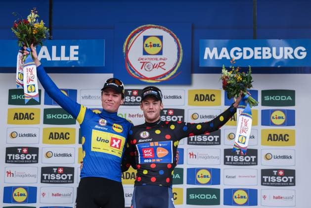 Cycling UCI ProSeries Men Elite LIDL Deutschland Tour 2025 Stage 4 Halle Magdeburg on 24 08 2025 Soren Waerenskjold UNO X MOBILITY , left Enzo Leijnse TEAM PICNIC POSTNL , right Overall winner and winner of the mountain classification xJRx