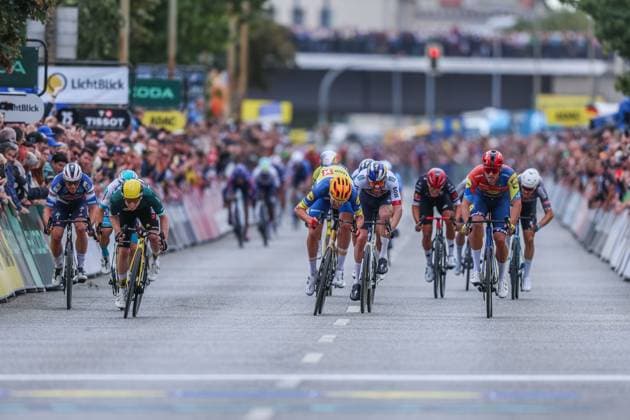 Cycling UCI ProSeries Men Elite LIDL Deutschland Tour 2025 Stage 4 Halle Magdeburg on 24 08 2025 James Matthew Brennan TEAM VISMA LEASE A BIKE , left Soren Waerenskjold UNO X MOBILITY , center Jonathan Milan LIDL Trek , right xJRx