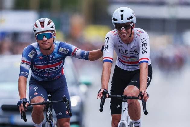 Cycling UCI ProSeries Men Elite LIDL Deutschland Tour 2025 Stage 4 Halle Magdeburg on 24 08 2025 Mattia Cattaneo SOUDAL QUICK STEP , left Samuel Watson INEOS GRENADIERS , right xJRx