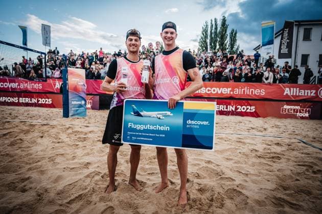 Beach volleyball men Allianz German Beach Tour 2025 Tourstop Berlin 24 08 2025 f l Max Just and Philipp Huster win the tournament in Berlin Berlin Funkhaus Beach Berlin Germany