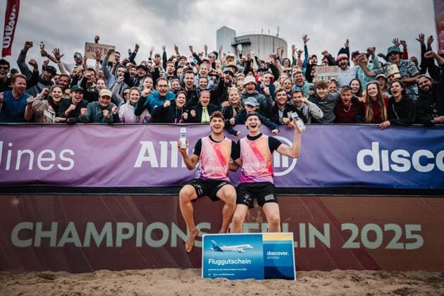 Beach volleyball men Allianz German Beach Tour 2025 Tourstop Berlin 24 08 2025 f l Max Just and Philipp Huster win the tournament in Berlin Berlin Funkhaus Beach Berlin Germany