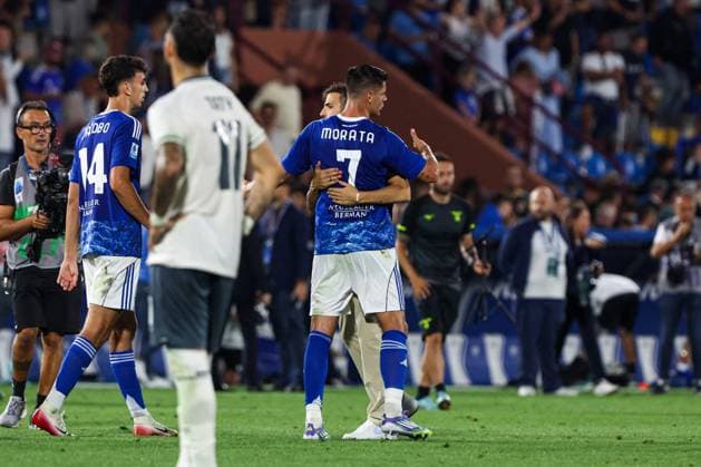 CALCIO - Serie A - Como 1907 vs SS Lazio Cesc Fabregas (Como 1907) and Alvaro Morata (Como 1907) during Como 1907 vs SS Lazio, Italian soccer Serie A match in Como, Italy, August 24 2025 Como Italy  Copyright: xIPAxSport ABACAx