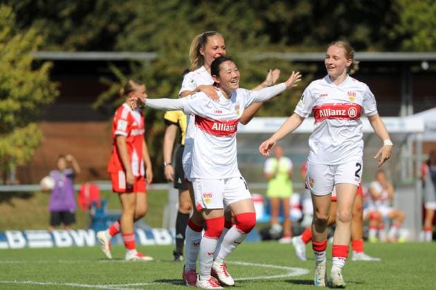 24 08 25 Women VfB Stuttgart FC Bayern Munich II Germany, Stuttgart, 24 08 2025, Soccer, Women, 2 Bundesliga, VfB Stuttgart FC Bayern Munich II 3 0 Haruka Osawa VfB Stuttgart Jubel Tor