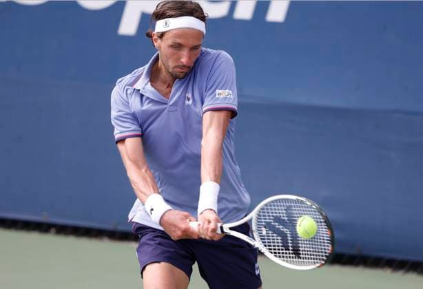 Arthur Rinderknech of France competes against Roberto Carballes Baena of Spain in a first round match at the 2025 US Open Tennis Championship at the USTA Billie Jean King National Tennis Center in New York City on Sunday, August 24, 2025. Rinderknech won 7-6, 7-5, 4-6, 6-2.  NYP20250824813 JOHNxANGELILLO