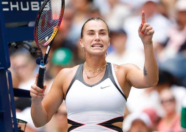 Aryna Sabalenka of Belarus looks to her coaches as she competes against Rebeka Masarova of Switzerland in a first round match at the 2025 US Open Tennis Championship at the USTA Billie Jean King National Tennis Center in New York City on Sunday, August 24, 2025. Sabalenka won the match 7-5, 6-1.  NYP20250824815 JOHNxANGELILLO