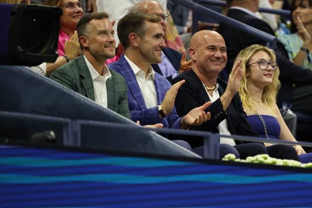 August 24, 2025, New York City, New York, United States: Former tennis player ANDRE AGASSI of USA during the first round of US Open 2025 at the USTA Billie Jean King National Tennis Center. Queens, New York City. New York City United States - ZUMAc278 20250824_zsp_c278_045 Copyright: xMarcinxCholewinskix