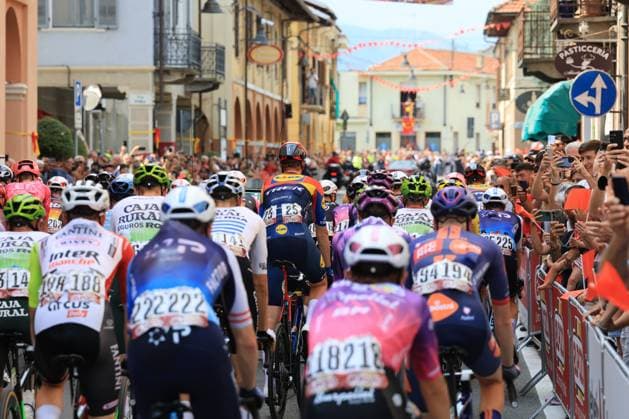 25th August 2025, Turin, Italy; 2025 UCI La Vuelta Cycling Race, Third Stage from San Maurizio Canavese to Ceres; Peloton cycles through village  PierrexTeyssot