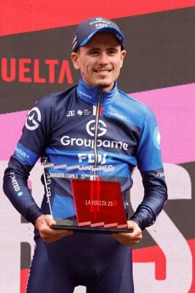 French rider David Gaudu of team Groupama-FDJ celebrates his victory following the third stage of 80th Vuelta a Espana cycling tour in Ceres, Italy, 25 August 2025. The stage covered 134 km between San Maurizio Canavese and Ceres. Third stage of Vuelta a Espana tour !ACHTUNG: NUR REDAKTIONELLE NUTZUNG!  Copyright: xJavierxLizonx GRAF2649 20250825-55017735210_1