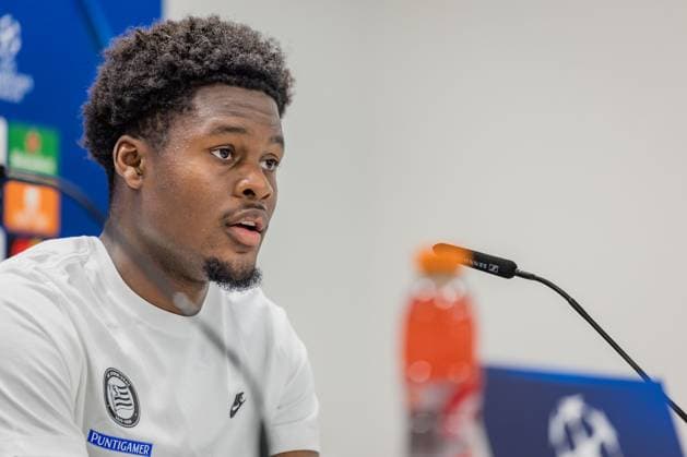 SOCCER - UEFA CL, Sturm vs Bodo KLAGENFURT,AUSTRIA,25.AUG.25 - SOCCER - UEFA Champions League, play off, SK Sturm Graz vs FK Bodo Glimt, preview, press conference, PK, Pressekonferenz Sturm. Image shows Tochi Chukwuani (Sturm).  GEPAxpictures xMatthiasxTrinkl