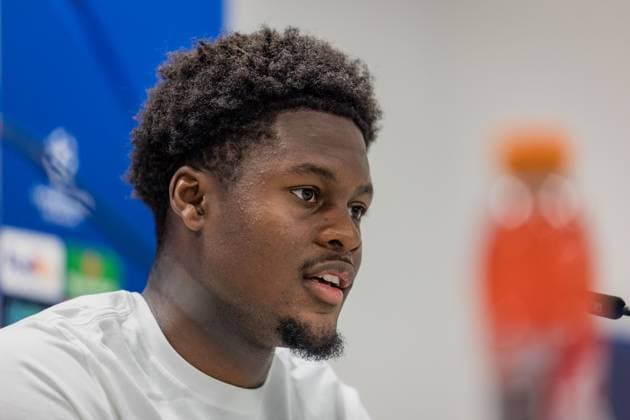 SOCCER - UEFA CL, Sturm vs Bodo KLAGENFURT,AUSTRIA,25.AUG.25 - SOCCER - UEFA Champions League, play off, SK Sturm Graz vs FK Bodo Glimt, preview, press conference, PK, Pressekonferenz Sturm. Image shows Tochi Chukwuani (Sturm).  GEPAxpictures xMatthiasxTrinkl