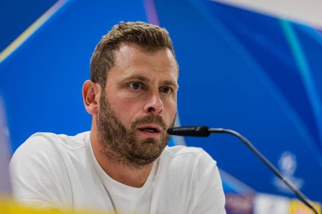 SOCCER - UEFA CL, Sturm vs Bodo KLAGENFURT,AUSTRIA,25.AUG.25 - SOCCER - UEFA Champions League, play off, SK Sturm Graz vs FK Bodo Glimt, preview, press conference, PK, Pressekonferenz Sturm. Image shows head coach Juergen Saeumel (Sturm).  GEPAxpictures xMatthiasxTrinkl