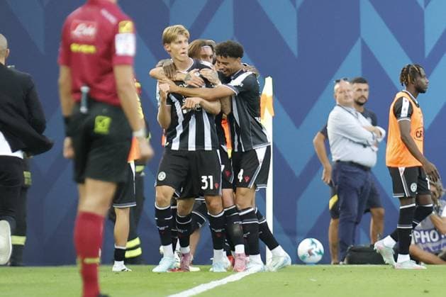 Udinese s Thomas Kristensen celebrates after scoring a goal during the Italian Serie A Enilive soccer championship football match between Udinese and Hellas Verona at Bluenergy Stadium on August 25th, 2025, Udine, Italy  Copyright: xMattiaxRadoni IPAxSportx xipa-agency.netx xx IPA_63220230 IPA_Agency_IPA63220230