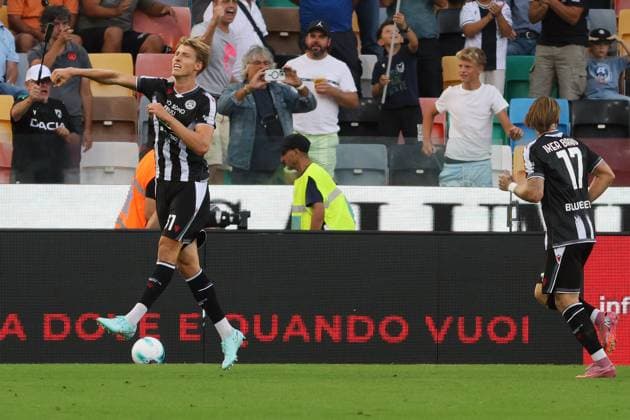 Udinese s Thomas Kristensen celebrates after scoring the 1-0 goal for his team during the Serie A soccer match between Udinese and Hellas Verona at the Bluenergy Stadium in Udine, north east Italy - Monday, August 25,2026 - soccer  Copyright: xAndreaxBressanutti LaPressex