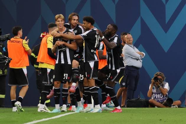 Udinese s Thomas Kristensen celebrates after scoring the 1-0 goal for his team during the Serie A soccer match between Udinese and Hellas Verona at the Bluenergy Stadium in Udine, north east Italy - Monday, August 25,2026 - soccer  Copyright: xAndreaxBressanutti LaPressex
