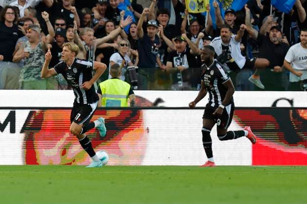 Udinese Calcio v Hellas Verona FC - Serie A Thomas Kristensen of Udinese celebrates after scoring a goal during the Italian Serie A Enilive soccer championship football match between Udinese and Hellas Verona at Bluenergy Stadium in Udine, Italy, on August 25, 2025. Udine Friuli Venezia Giulia Italy  Copyright: xMattiaxRadonix originalFilename:radoni-soccer20250825_npLI0.jpg