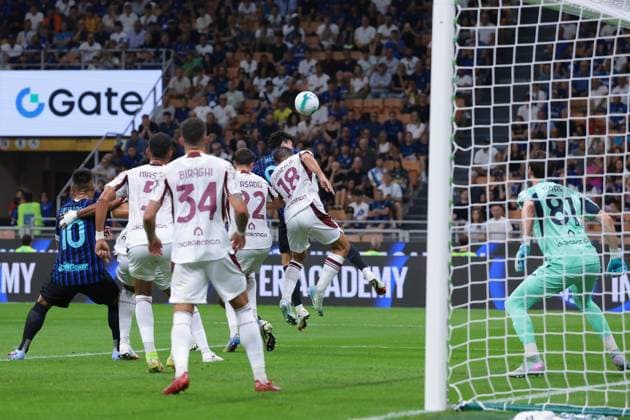 Milan, Italy, 25th August 2025. Alessandro Bastoni of FC Internazionale scores to give the side a 1-0 lead during the Internazionale vs Torino Serie A match at Giuseppe Meazza, Milan. Picture credit should read: Jonathan Moscrop Sportimage EDITORIAL USE ONLY. No use with unauthorised audio, video, data, fixture lists, club league logos or live services. Online in-match use limited to 120 images, no video emulation. No use in betting, games or single club league player publications. SPI_001_JM_INTER_TORO SPI-4078-0001