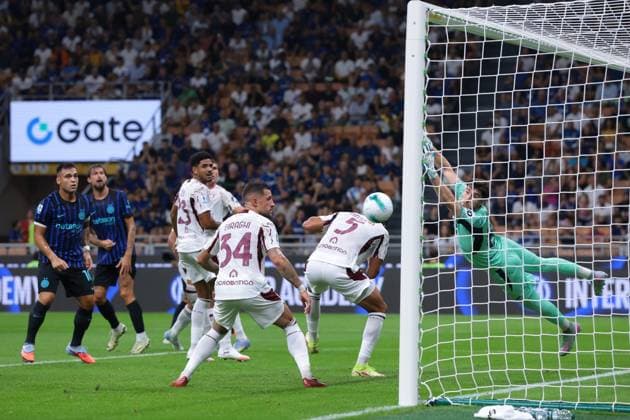 Milan, Italy, 25th August 2025. Alessandro Bastoni of FC Internazionale scores to give the side a 1-0 lead during the Internazionale vs Torino Serie A match at Giuseppe Meazza, Milan. Picture credit should read: Jonathan Moscrop Sportimage EDITORIAL USE ONLY. No use with unauthorised audio, video, data, fixture lists, club league logos or live services. Online in-match use limited to 120 images, no video emulation. No use in betting, games or single club league player publications. SPI_002_JM_INTER_TORO SPI-4078-0002