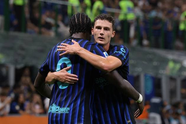 Milan, Italy, 25th August 2025. Marcus Thuram of FC Internazionale celebrates with team mate Benjamin Pavard after scoring to give the side a 2-0 lead during the Internazionale vs Torino Serie A match at Giuseppe Meazza, Milan. Picture credit should read: Jonathan Moscrop Sportimage EDITORIAL USE ONLY. No use with unauthorised audio, video, data, fixture lists, club league logos or live services. Online in-match use limited to 120 images, no video emulation. No use in betting, games or single club league player publications. SPI_011_JM_INTER_TORO SPI-4078-0011