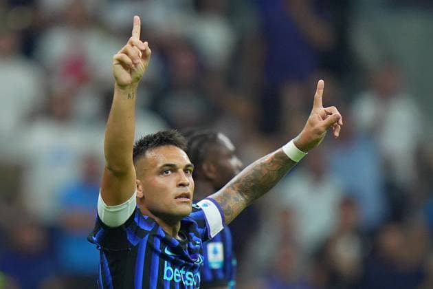 Inter MilanÕs Lautaro Martinez , celebrates after scoring 3-0 during the Serie A soccer match between Inter and Torino at the San Siro Stadium in Milan , north Italy - Monday , August 25 , 2025. - Soccer .  Copyright: xSpada LaPressex