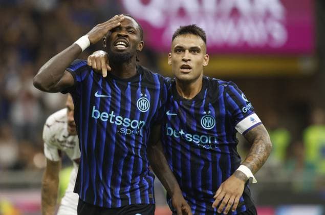 Marcus Thuram of FC Inter celebrating after a goal with Lautaro Martinez of FC Inter during the Italian Serie A 2025 26 season, football match between FC Inter and Torino FC on 25 August 2025 at San Siro Stadium in Milan, Italy. Photo Nderim Kaceli  Copyright: xNderimxKaceli IPAxSportx xipa-agency.netx xx IPA_63234312 IPA_Agency_IPA63234312