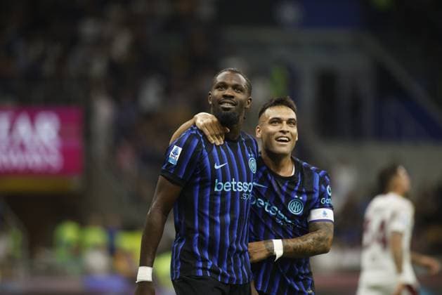 Marcus Thuram of FC Inter celebrating after a goal with Lautaro Martinez of FC Inter during the Italian Serie A 2025 26 season, football match between FC Inter and Torino FC on 25 August 2025 at San Siro Stadium in Milan, Italy. Photo Nderim Kaceli  Copyright: xNderimxKaceli IPAxSportx xipa-agency.netx xx IPA_63234364 IPA_Agency_IPA63234364