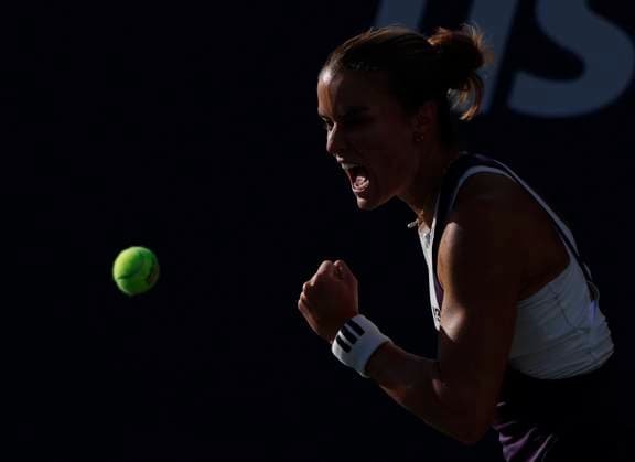 Maria Sakkari of Greece reacts after winning a point in the first set of her first round match against Tatjana .Maria of Germany in the first round at the 2025 US Open Tennis Championship at the USTA Billie Jean King National Tennis Center in New York City on Monday, August 25, 2025.  NYP20250825129 JOHNxANGELILLO