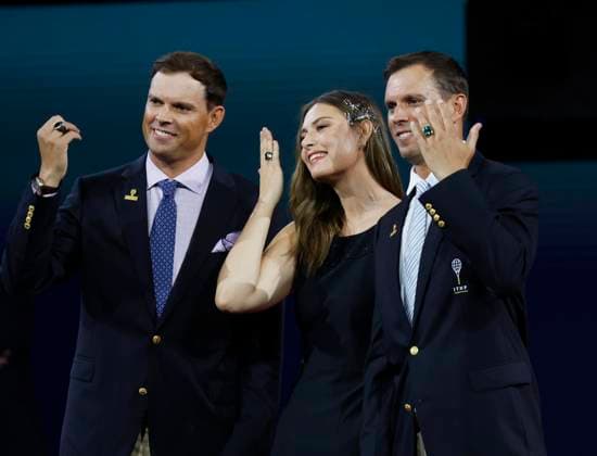 Bob Bryan of the United States, Maria Sharapova and Mike Bryan of the United States pose with their International Tennis Hall of Fame rings during the induction ceremony in Arthur Ashe Stadium on day 2 at the 2025 US Open Tennis Championship at the USTA Billie Jean King National Tennis Center in New York City on Monday, August 25, 2025.  NYP20250825140 JOHNxANGELILLO