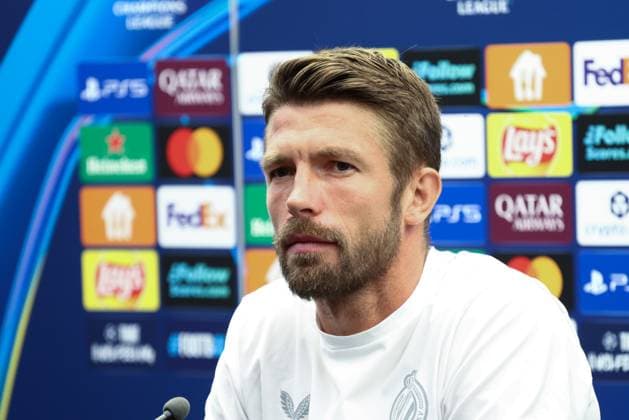 Club s Brandon Mechele pictured during a press conference, PK, Pressekonferenz of belgian soccer team Club Brugge, in Brugge, on Tuesday 26 August 2025. The team will play the scottish team Glasgow Rangers on Wednesday, on the second leg of play-offs of the Champions League tournament. BRUNOxFAHY  x132448628x