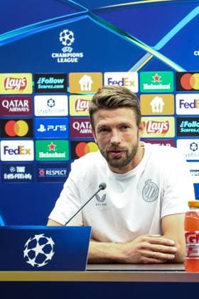 Club s Brandon Mechele pictured during a press conference, PK, Pressekonferenz of belgian soccer team Club Brugge, in Brugge, on Tuesday 26 August 2025. The team will play the scottish team Glasgow Rangers on Wednesday, on the second leg of play-offs of the Champions League tournament. BRUNOxFAHY  x132448685x