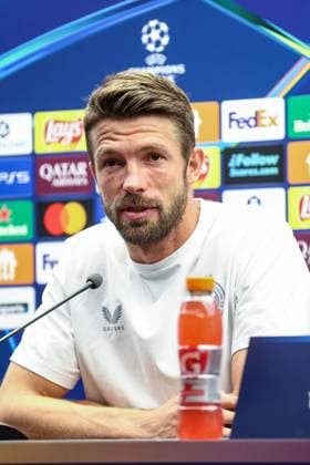 Club s Brandon Mechele pictured during a press conference, PK, Pressekonferenz of belgian soccer team Club Brugge, in Brugge, on Tuesday 26 August 2025. The team will play the scottish team Glasgow Rangers on Wednesday, on the second leg of play-offs of the Champions League tournament. BRUNOxFAHY  x132448949x