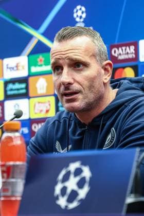Club s head coach Nicky Hayen pictured during a press conference, PK, Pressekonferenz of belgian soccer team Club Brugge, in Brugge, on Tuesday 26 August 2025. The team will play the scottish team Glasgow Rangers on Wednesday, on the second leg of play-offs of the Champions League tournament. BRUNOxFAHY  x132449591x