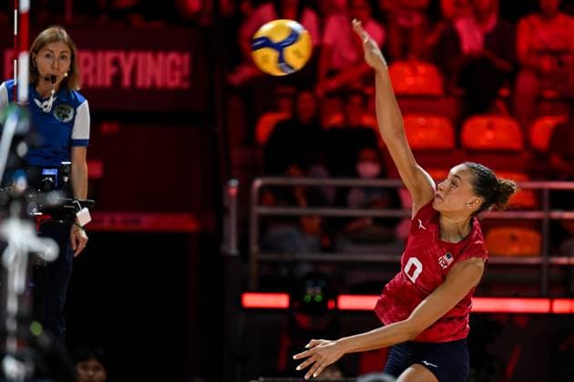 USA v Czechia - FIVB Women’s World Volleyball Championship NAKHON RATCHASIMA, THAILAND - AUGUST 26: Madisen Skinner (9) of USA in action during the FIVB Women s Volleyball World Championship, WM, Weltmeisterschaft match between USA and Czechia at Korat Chatchai Hall in Nakhon Ratchasima, Thailand, on August 26, 2025. Mustafa Hatipoglu Anadolu Nakhon Ratchasima Thailand. Editorial use only. Please get in touch for any other usage.  Copyright: x2025xAnadoluxMustafaxHatipoglux