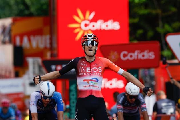 British rider Ben Turner of INEOS Grenadiers celebrates winning the fourth stage of La Vuelta cycling tour between Susa and Voiron, 26 August 2025. This stage covering 206,7 km is the last one held in Italy and France before teams depart for Spain to continue the race. Fourth stage of La Vuelta cycling tour !ACHTUNG: NUR REDAKTIONELLE NUTZUNG!  Copyright: xJavierxLizonx GRAF3102 20250826-55017742095_1